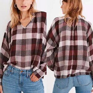🦋  MADEWELL Maroon Highroad Popover Plaid Top Small Casual